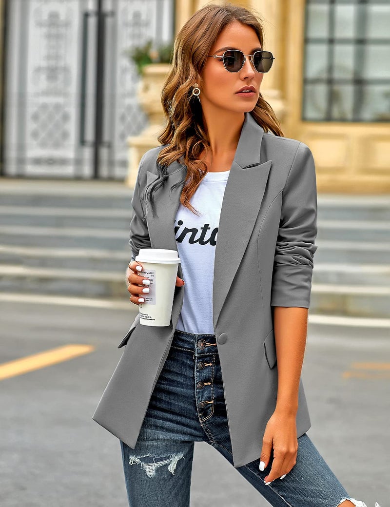 luvamia Women's Casual Long Sleeve Lapel Button Slim Work Office Blazer Jacket Blazer Jackets for Women Steel Gray Size Medium Size 8 Size 10 - Image 3